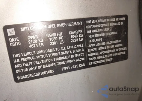 2011 Buick Regal Cxl Russelsheim from USA, damaged, VIN W04GS5EC0B1001665